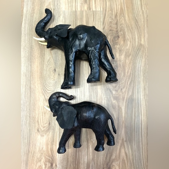 Vintage Leather-Clad Large & Small Black Lucky Upturned Trunk Elephant Set